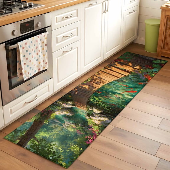 Forest Creek Bridge Runner Rug Non Slip 2x6 Rustic Wooden Path Green Tree River Botanical Washable Rug Runner for Hallways Low Pile Kitchen Rugs Stain Resist Carpet for Bathroom Bedroom Entryway