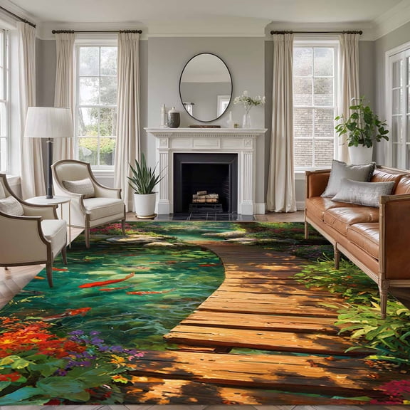 Forest Creek Bridge Rustic Wooden Path Green Tree River Botanical , Soft Non Slip Rugs Stain Repellent Indoor Felt Carpet for Living Dining Room Bedroom Home Office