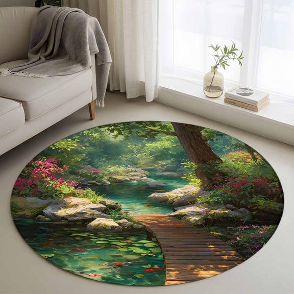 Forest Creek Bridge Small Round Rug 3Ft Rustic Wooden Path Green Tree River Botanical Area Rugs Washable Non Slip Indoor Floor Mats Circle Carpet for Living Room Bedroom Dining Room Home Decor
