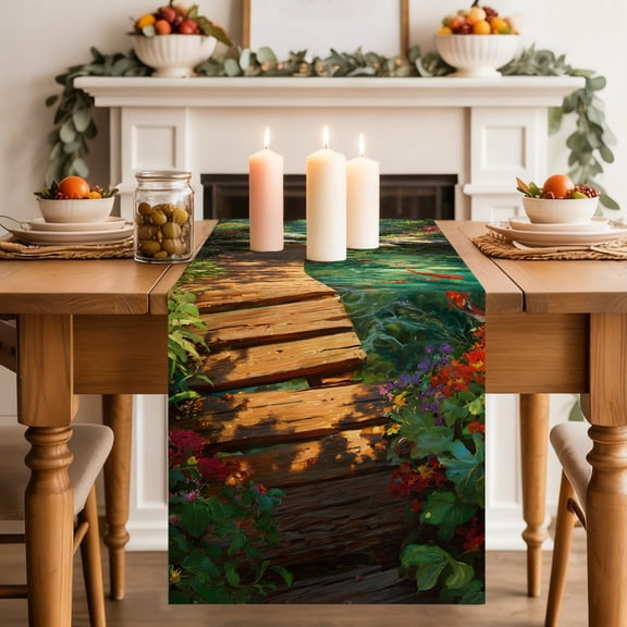 Forest Creek Bridge Table Runner 13x36 Inch Rustic Wooden Path Green Tree River Botanical Cotton Linen Dining Table Runner Ideal for Dresser Kitchen Coffee Tables - Machine Washable