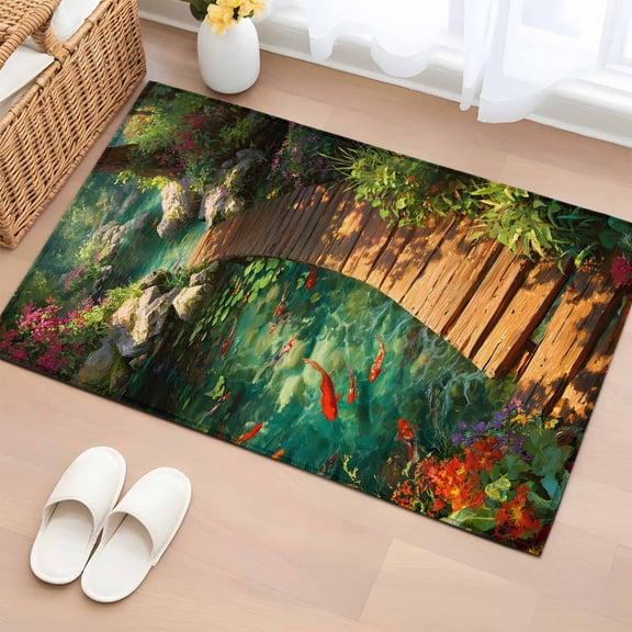 Forest Creek Bridge Washable Area Rug 2 x 3 ft Rustic Wooden Path Green Tree River Botanical , Soft Non Slip Rugs Stain Repellent Indoor Felt Carpet for Living Dining Room Bedroom Home Office