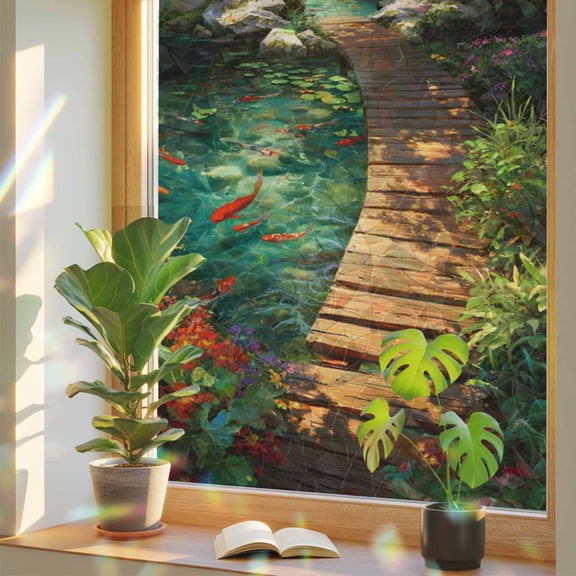 Forest Creek Bridge Window Privacy Film, Rustic Wooden Path Green Tree River Botanical Stained Glass Rainbow Film Decorative Window Clings, Static Cling Sun Blocking Stickers 17.7" x 39.3"