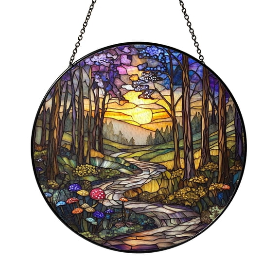 Forest Creek Landscape Stained Glass Round Window Panel, Peaceful Woodland Nature Decor for Home Window Display
