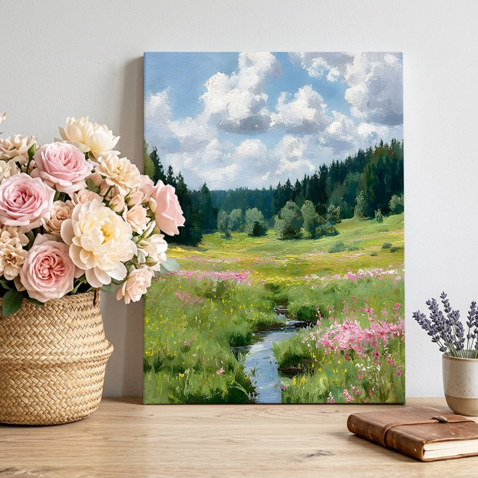 Forest Creek Meadow Canvas Wall Art, Rustic Green Pink Landscape Oil ...