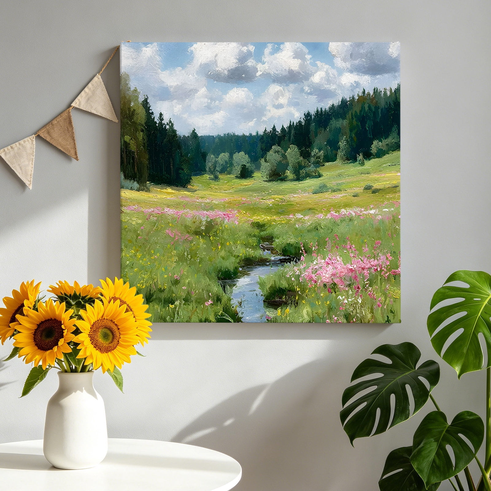 Forest Creek Meadow Canvas Wall Art, Rustic Green Pink Landscape Oil ...