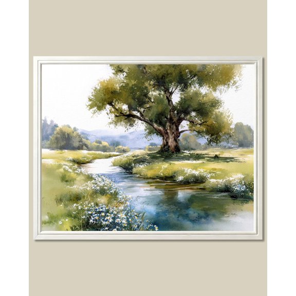 Forest Creek Oak Tree Print Wildflower Meadow Landscape Wall Art Room Bedroom Office