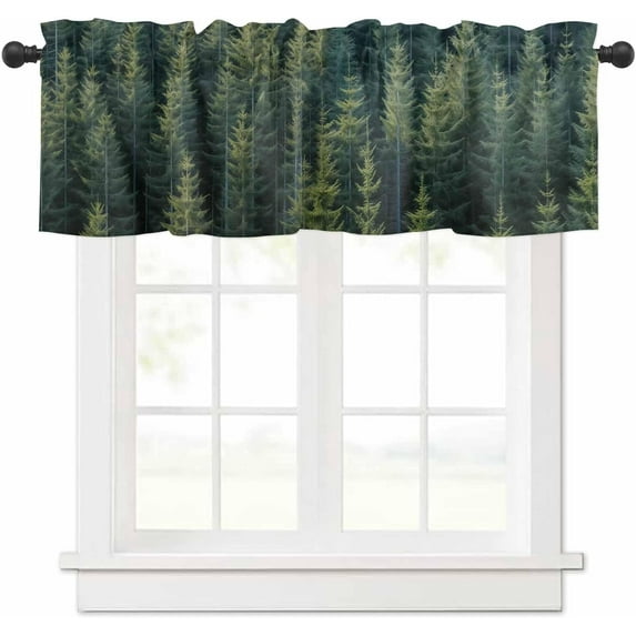 Forest Curtain Valance for Windows/Living Room/Kitchen/Bathroom/Farmhouse, Short Rod Pocket Tier Curtain Window Treatment Kitchen Curtain, 1 Panel 54 x 18 Green Rustic Cabin Lodge Farmhouse Pine Trees