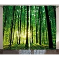 thumbnail image 1 of Ambesonne Forest Curtains 2 Panel Set, Green Woodland Sunrise, 108" x 84", Green Black Yellow, 1 of 3