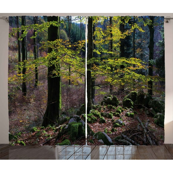 Ambesonne Forest Curtains 2 Panel Set, Trees Autumn Wilderness, 108" x 63", Green Pale Pink