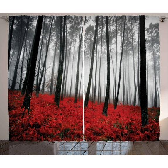 Ambesonne Forest Curtains 2 Panel Set, Foggy Woodland, 108" x 84", Pale Grey Black and Red