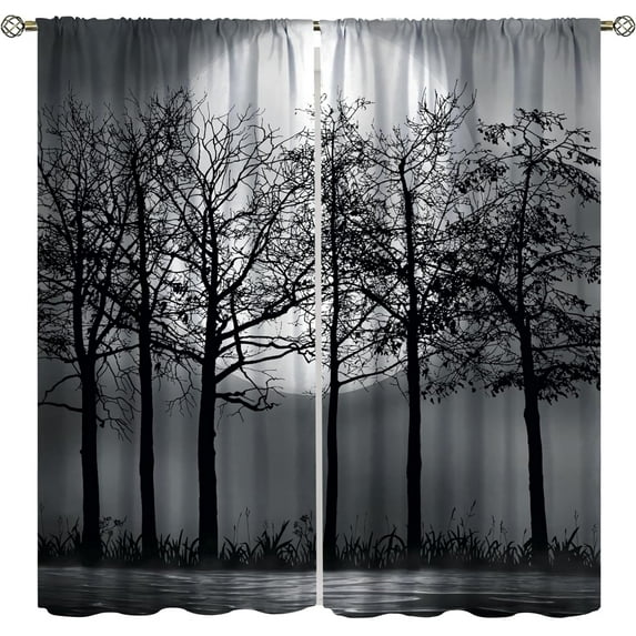 Forest Curtains, Gothic Black Misty Forest Blackout Window Treatments for Living Room Bedroom Halloween Decor, Goth Foggy Mysterious Nature Full Moon Printed Drapes 2 Panel Sets,42x63 Inch