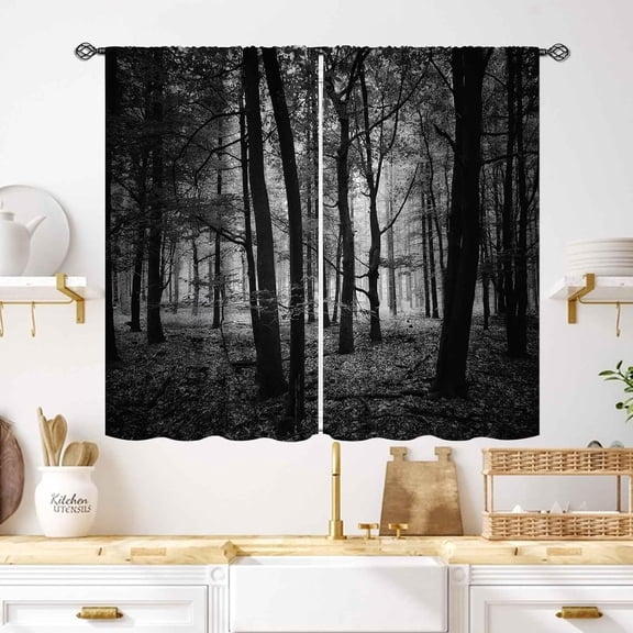 Forest Curtains,Gothic Dark Black Nature Tree Woodland Scenery Printed Window Treatments Drapes for Living Room Bedroom Bathroom Window Drapes 2 Panel,55X39 Inch