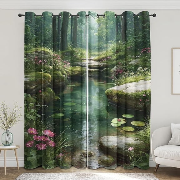 Forest Curtains, Jungle River Floral Moss Stones Thermal Curtains for Living Room, Nature Scenery Blackout Window Drapes for Bedroom Decoration 53"W x 96"L (Pack of 2)