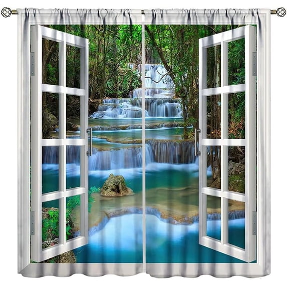 Forest Curtains,Nature Forest Waterfalls Landscape Rustic Country Farmhouse Style Rod Pocket Soundproof Window Curtains for Bedroom Living Room 2 Panel 84x84 Inch