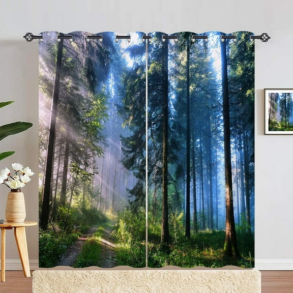 Forest Curtains - Nature Landscape Theme Mystical Woodland Trees Sunrise Paths Scenery Scene Print Pattern Grommet Light Filtering Window Drapes for Bedroom Living Room 2 Panels 52 x 84 Inch