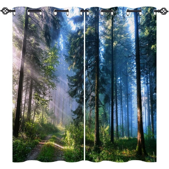 Forest Curtains - Nature Landscape Theme Mystical Woodland Trees Sunrise Paths Scenery Scene Print Pattern Grommet Light Filtering Window Drapes for Bedroom Living Room 2 Panels 52 x 63 Inch