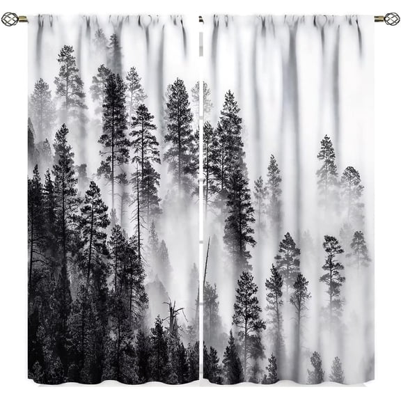 Forest Curtains Nature Scenery Theme Window Drapes with Foggy Mountain Rustic Tree Woodland Rainforest Print Pattern Decor Curtains for Bedroom Living Room, 42x84in