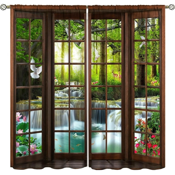Forest Curtains, Spring Nature Theme Floral Landscpae Scenery Pattern Window Treatments for Living Room Bedroom Home Decor, Forest Jungle Animal ELk Deer Birds Print Drapes 42x54 Inch