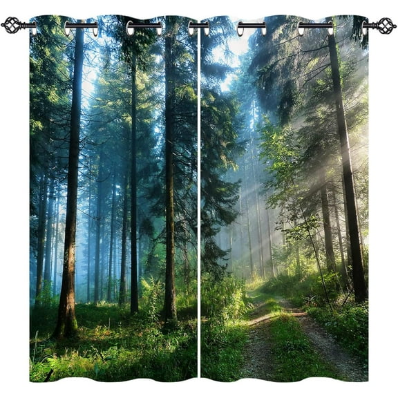 Forest Curtains W42 x L63 Inch Grommet Nature Jungle Misty Forest Sunshine Woodland Tree Path Scenery Print Pattern Light Filtering Fabric Window Drapes for Bedroom Living Room 2 Panels