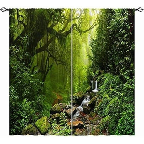 Forest Curtains W42 x L63 Inch Nature Tropical Jungle Rainforest Waterfall Green Tree Landscape Scenery Rod Pocket Print Pattern Window Drapes for Living Room Bedroom Dining Room Cafe 2 Panels