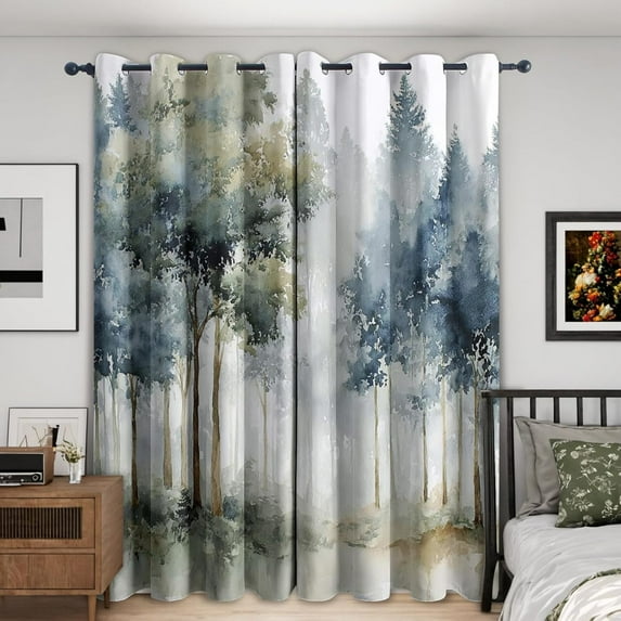 Forest Curtains, Watercolor Woodland Pattern, Forest Decor For Living Room Bedroom, Thermal & Darkening Grommet Drapes 42"W x 90"L