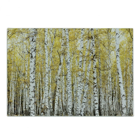 Forest Cutting Board, Autumn Birch Forest Golden Yellow Leaves Woodland October Seasonal Nature Picture, Decorative Tempered Glass Cutting and Serving Board, Small Size, Yellow Grey, by Ambesonne