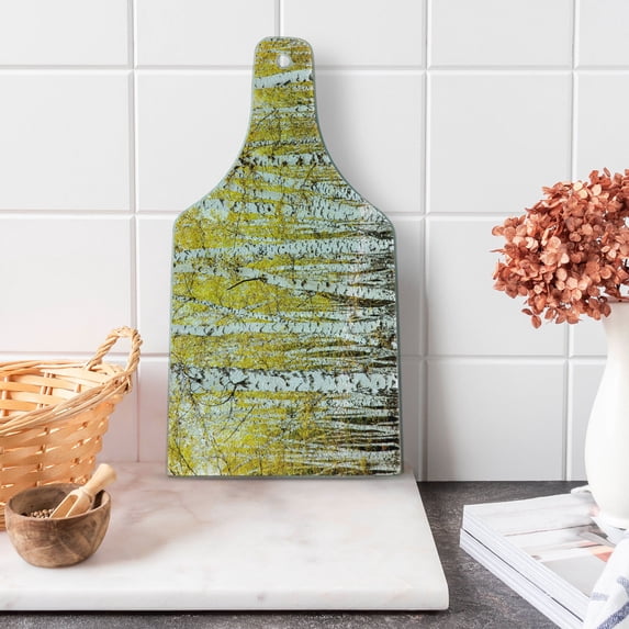 Forest Cutting Board, Autumn Birch Forest Golden Yellow Leaves Woodland October Seasonal Nature Picture, Tempered Glass Cutting and Serving Board, Wine Bottle Shape, Yellow Grey, by Ambesonne