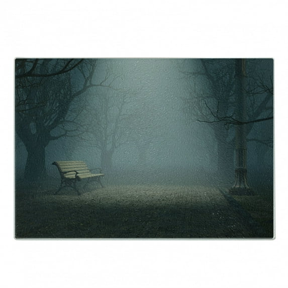 Forest Cutting Board, Bench in the Park on Dark Mysterious Night Scary Forest Horror Theme Habitat Design, Decorative Tempered Glass Cutting and Serving Board, Small Size, Blue Cream, by Ambesonne