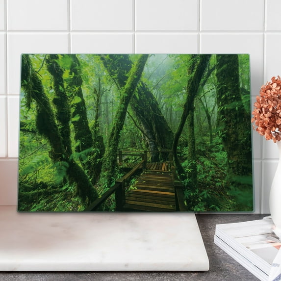 Forest Cutting Board, Entrance to Deep Dark Evergreen Jungle Surreal Extreme Vivid Plants Jungle, Decorative Tempered Glass Cutting and Serving Board, Large Size, Green Brown, by Ambesonne