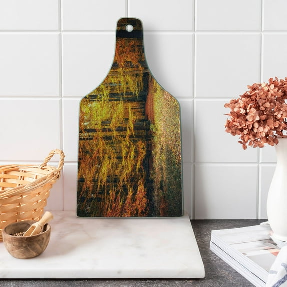 Forest Cutting Board, Fall Photo in National Park Vivid Leaf Plant Eco Earth Theme, Decorative Tempered Glass Cutting and Serving Board, Wine Bottle Shape, Orange Brown, by Ambesonne