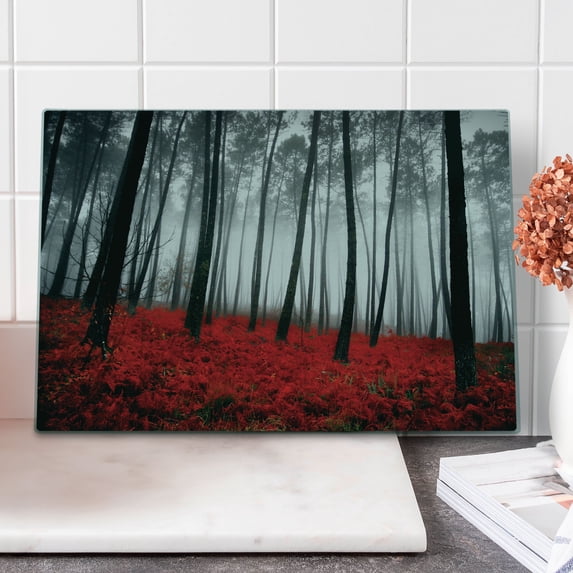 Forest Cutting Board, Fantasy Woodland Under Fog Trees Jungle Bushes Contrast Colors, Decorative Tempered Glass Cutting and Serving Board, Large Size, Pale Grey Black Red, by Ambesonne