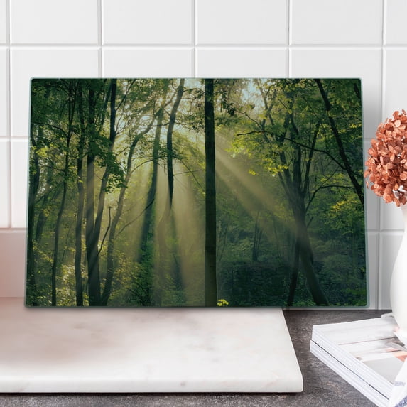 Forest Cutting Board, Morning Sunrays Through Trees Summertime Countryside Scenic View, Decorative Tempered Glass Cutting and Serving Board, Large Size, Green Beige Black, by Ambesonne