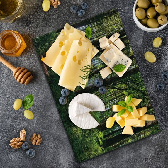 Forest Cutting Board, Pathway in a Shady Forest of Bushes and Thick Trunks Grass Unique Wild Life Scenery, Decorative Tempered Glass Cutting and Serving Board, Small Size, Green Brown, by Ambesonne
