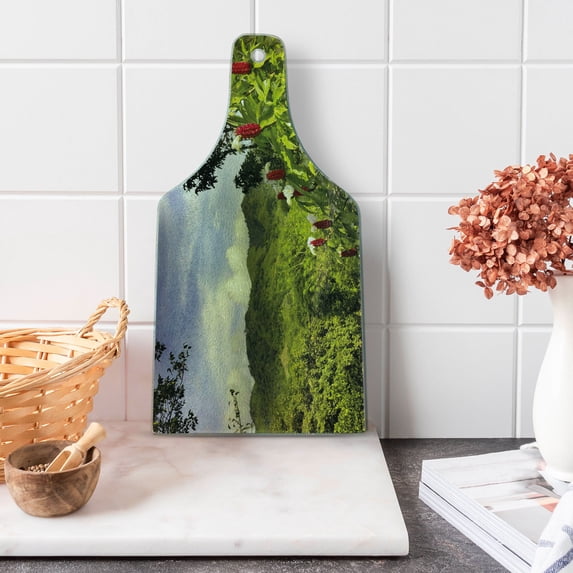Forest Cutting Board, Rural Scenery Costa Rica Countryside Greenery Tropic Accents Botanical, Tempered Glass Cutting and Serving Board, Wine Bottle Shape, Green Red Violet Blue, by Ambesonne