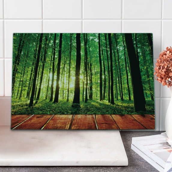 Forest Cutting Board, Trees Forest Picture from Indoor Sun Rays as Background Wooden Floor Art Print, Decorative Tempered Glass Cutting and Serving Board, Large Size, Green Brown, by Ambesonne