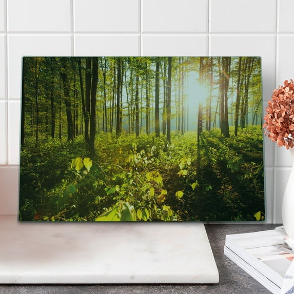 Forest Cutting Board, Trees Sun Rays in Woods Foliage Greenery Scenic Outdoors Tranquil Untouched, Decorative Tempered Glass Cutting and Serving Board, Large Size, Green Yellow Brown, by Ambesonne