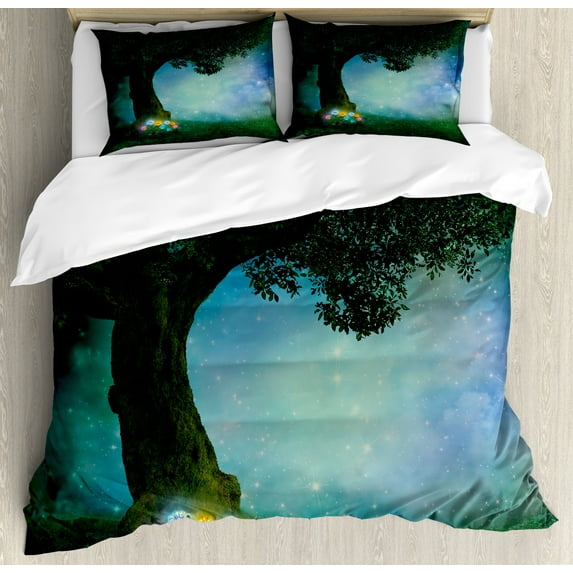 Forest Decor Queen Size Duvet Cover Set, Fairytale Little Red Riding Hood Forest at Night with Flowers and Stars Image, Decorative 3 Piece Bedding Set with 2 Pillow Shams, Multicolor, by Ambesonne