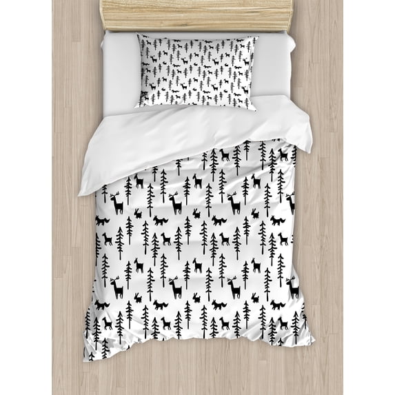 Forest Decor Twin Size Duvet Cover Set, Christmas Spirit Inspired Sketchy Reindeer Pine Trees Rabbits Animal Design, Decorative 2 Piece Bedding Set with 1 Pillow Sham, Black White, by Ambesonne