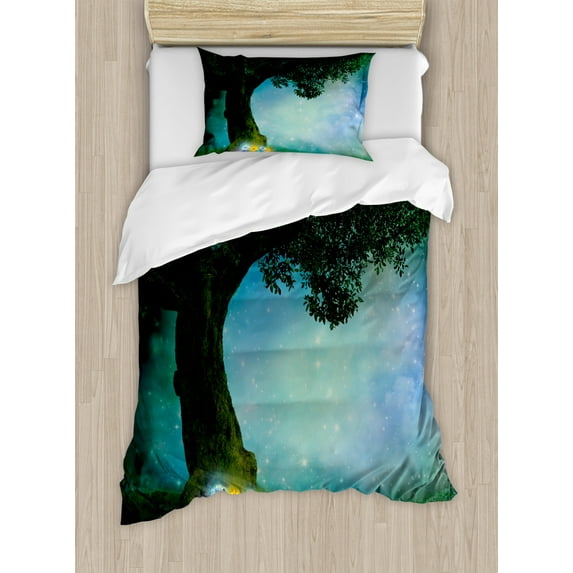 Forest Decor Twin Size Duvet Cover Set, Fairytale Little Red Riding Hood Forest at Night with Flowers and Stars Image, Decorative 2 Piece Bedding Set with 1 Pillow Sham, Multicolor, by Ambesonne