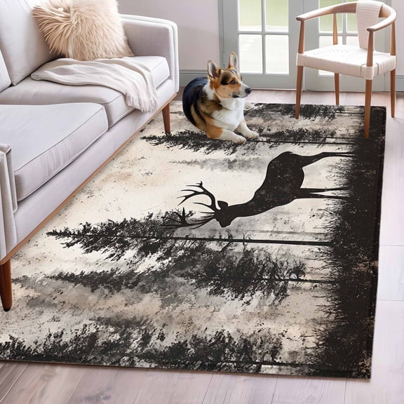 Forest Deer 3'x5' Washable Rug, Rustic Country Wildlife Woodland Black Beige Non-Slip Area Rugs for Entryway Kitchen Classroom, StainResistant Dorm Throw Carpet, Low Pile Soft Indoor Floor Mat