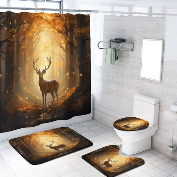 Forest Deer 4 Pieces Shower Curtain Set with Non-Slip Rug Fall Hunting Theme Elk Wild Animal Country Rustic Farmhouse Bath Curtain for Bathroom Waterproof Fabric Bathroom Decor Set, 72x72 Inch