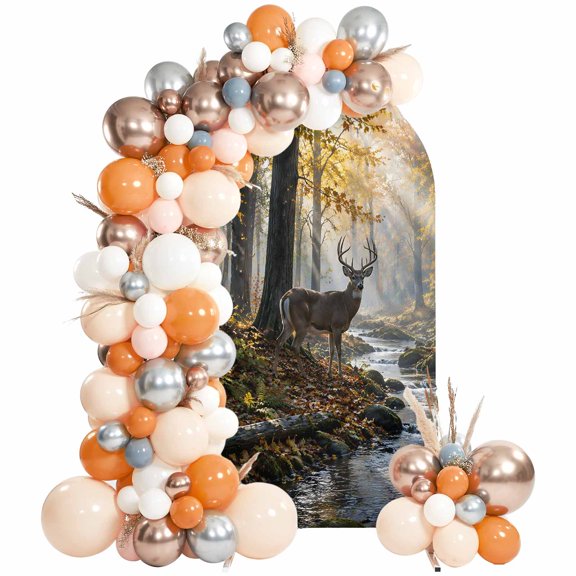 Forest Deer Arch Backdrop Cover 6.6Ft, Wedding Arch Covers Stretchy Backdrop, Modern Country Trees Branch Elk Landscape Fitted 2 Sided Arched Photo Background for Birthday Party Decorations
