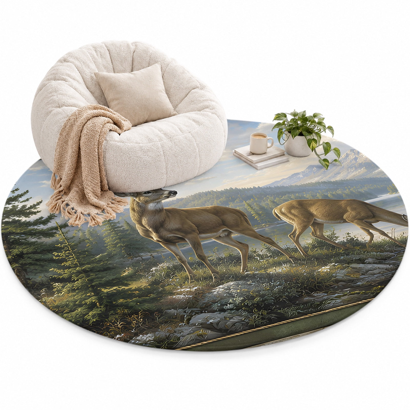 Forest Deer Area Rug 3', Country Wilderness Farmhouse Mountain Pine ...