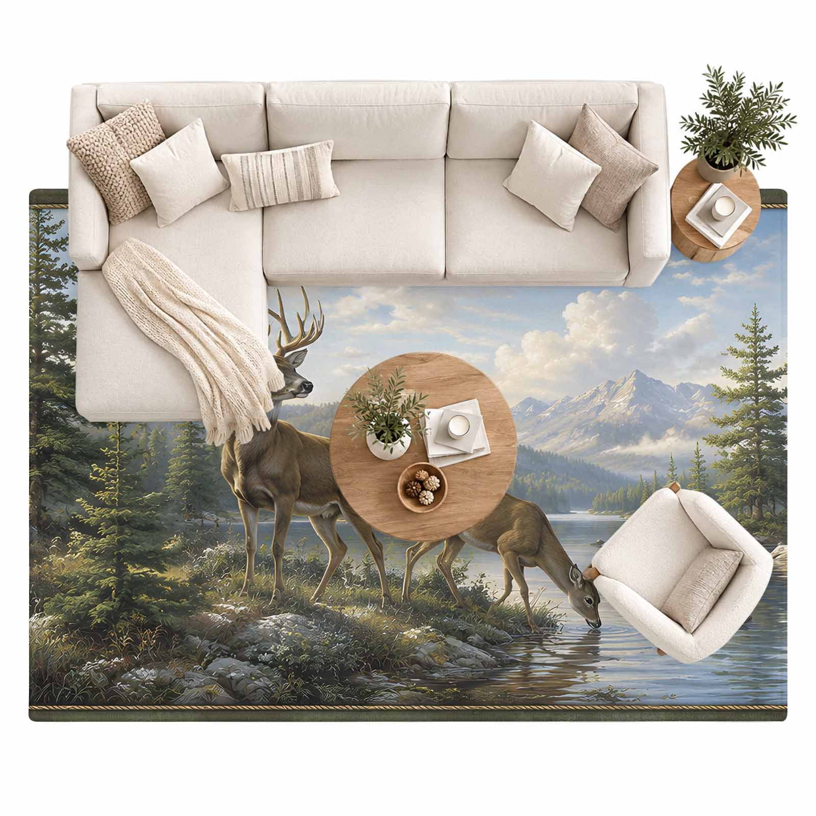 Forest Deer Area Rug 8'x10', Country Wilderness Farmhouse Mountain Pine ...