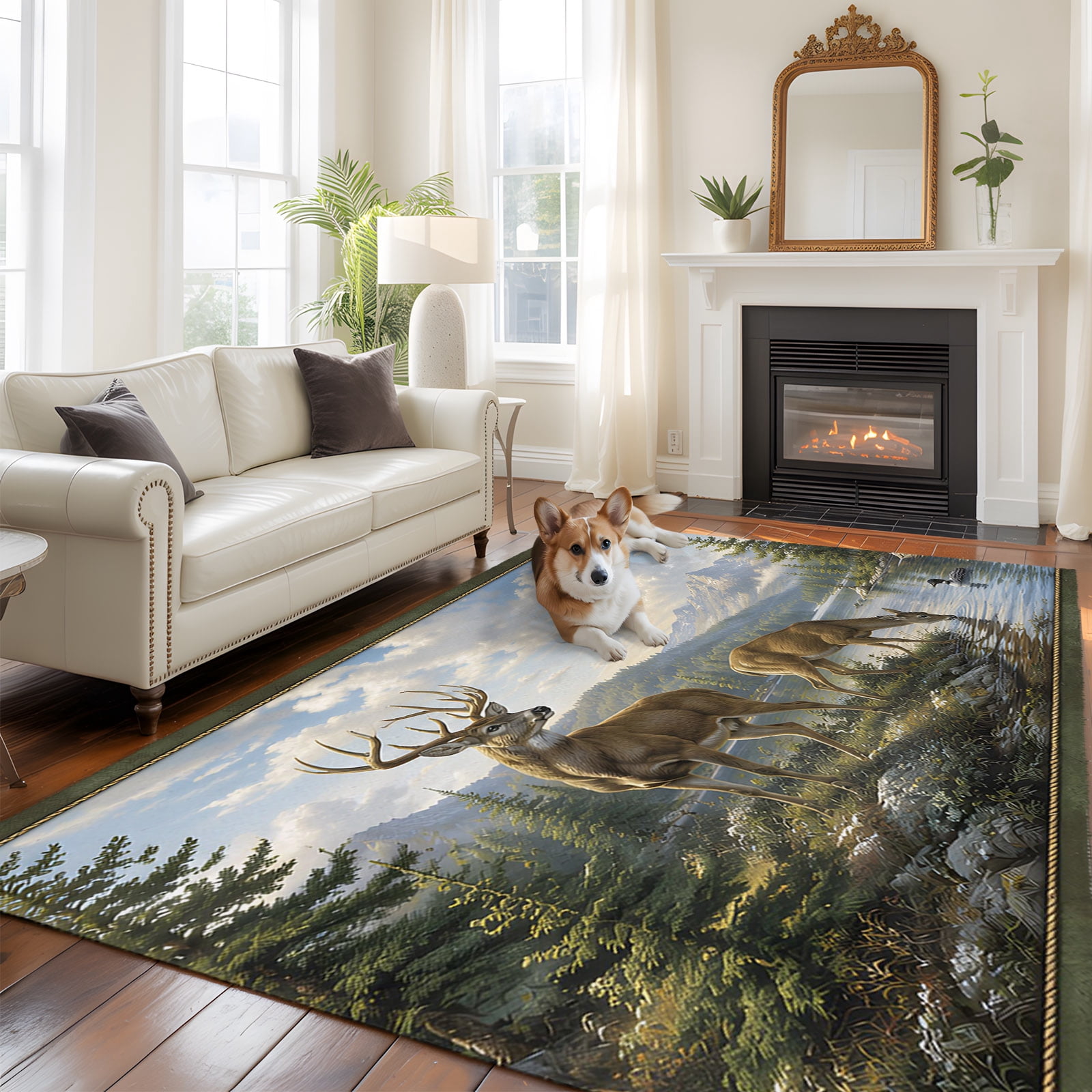 Pine Rugs Forest Deer Area Rugs 5x7ft Country Wilderness Farmhouse Mountain Pine ...