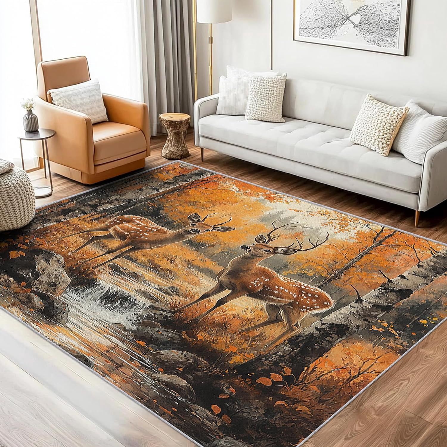 Foresty Rug Forest Deer Area Rugs, Wildlife Nature Carpet, Washable Non Slip Low ...