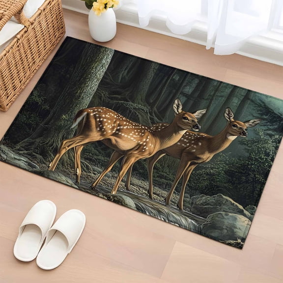 Forest Deer Bathroom Rug Washable 2x3 Entryway Rug Non Slip Farmhouse River Vintage Elk Front Door Mat Low Pile Indoor Doormat Throw Floor Carpet for Kitchen Bedroom Entrance
