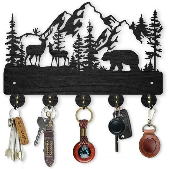 Forest Deer Bear Coat Hooks Wall Mounted 11.8×7.9inch Wood Key Holder for Wall Forest Animal Mountain Wall Key Hooks Hanger 5 Alloy Hooks for Home Art Decor Gift Farmhouse Front Door Kitchen