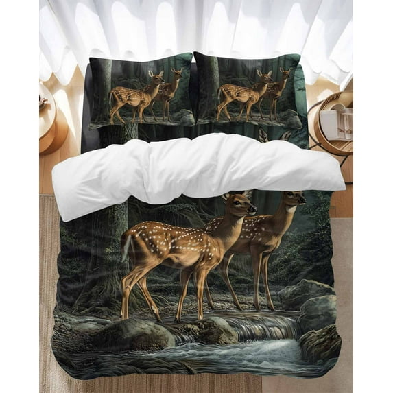 Forest Deer Bedding Duvet Cover Set King Size 4 Pieces Animals River Soft Twill Plush Quilt Cover, Include 1 Duvet Cover 1 Flat Sheet And 2 Pillow
