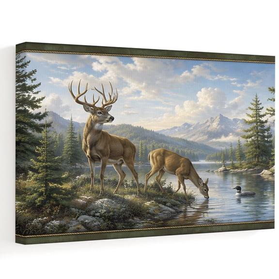 Forest Deer Canvas Wall Art, Country Wilderness Farmhouse Mountain Pine Tree Lake Wall Art Prints Artwork Framed Canvas Ready to Hang Art Pictures for Bathroom, Dressing Table, Entryway 12" x 8"